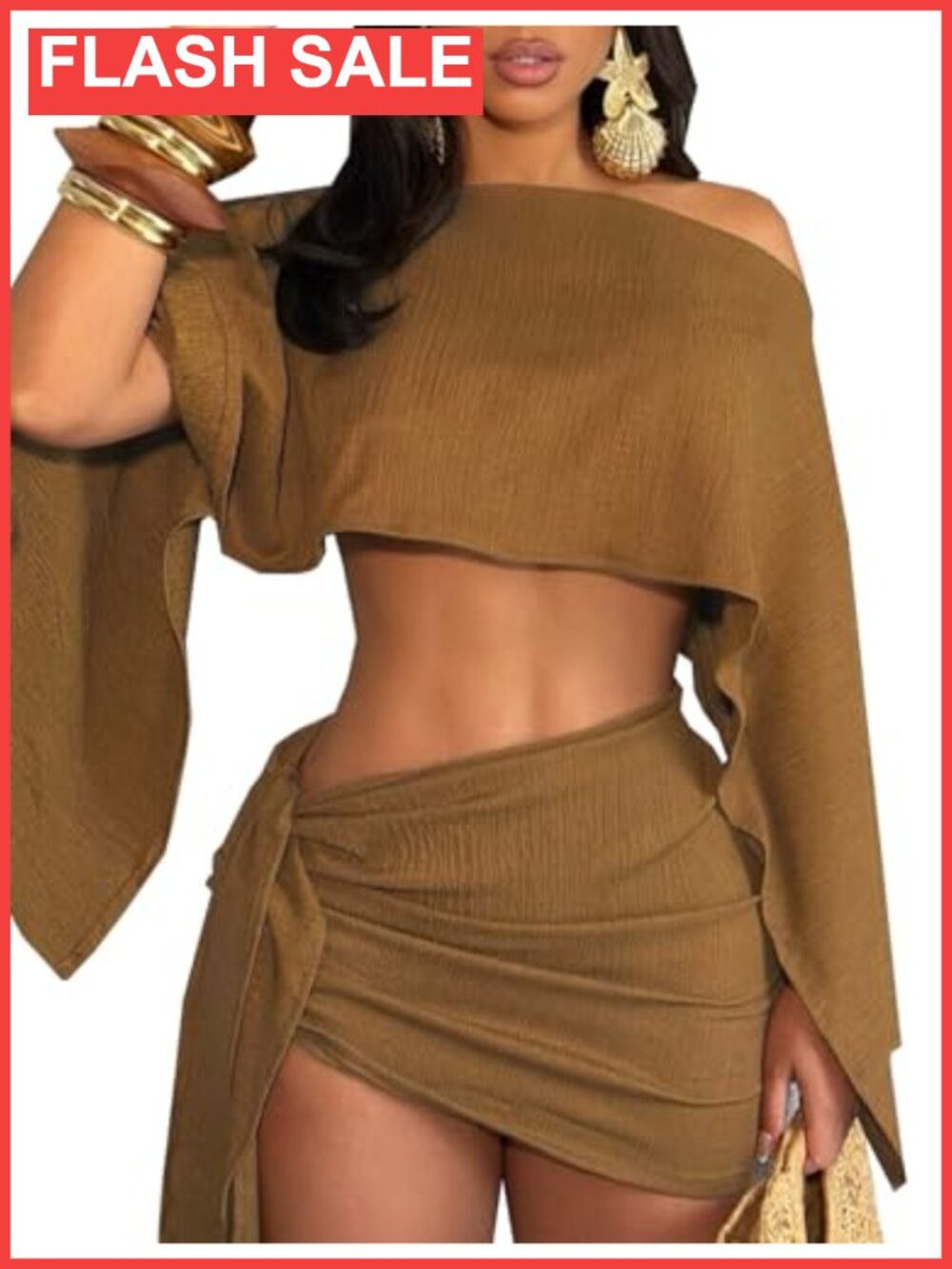 Women's 2 Piece Batwing Off Shoulder Crop Top and Mini Skirt Set Party